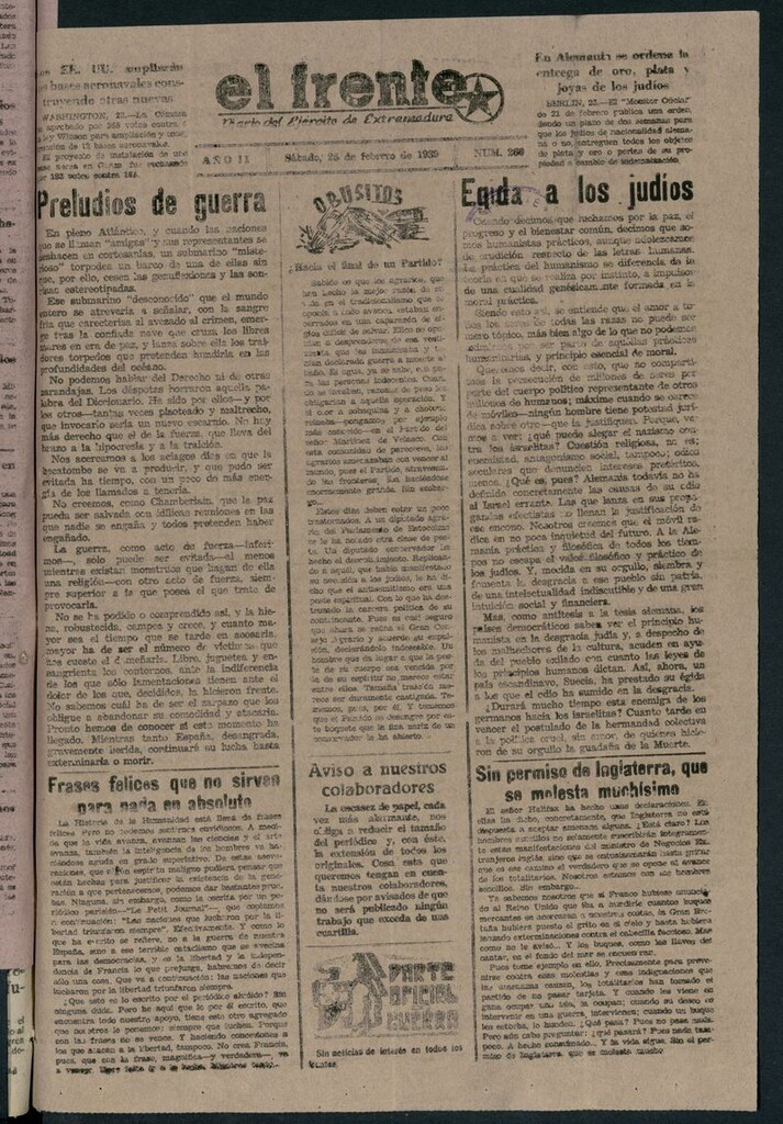 Miniatura de El Frente: diario del Ejército de Extremadura del 25 de febrero de 1939