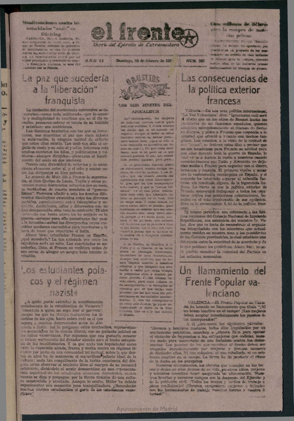 Miniatura de El Frente: diario del Ejército de Extremadura del 26 de febrero de 1939