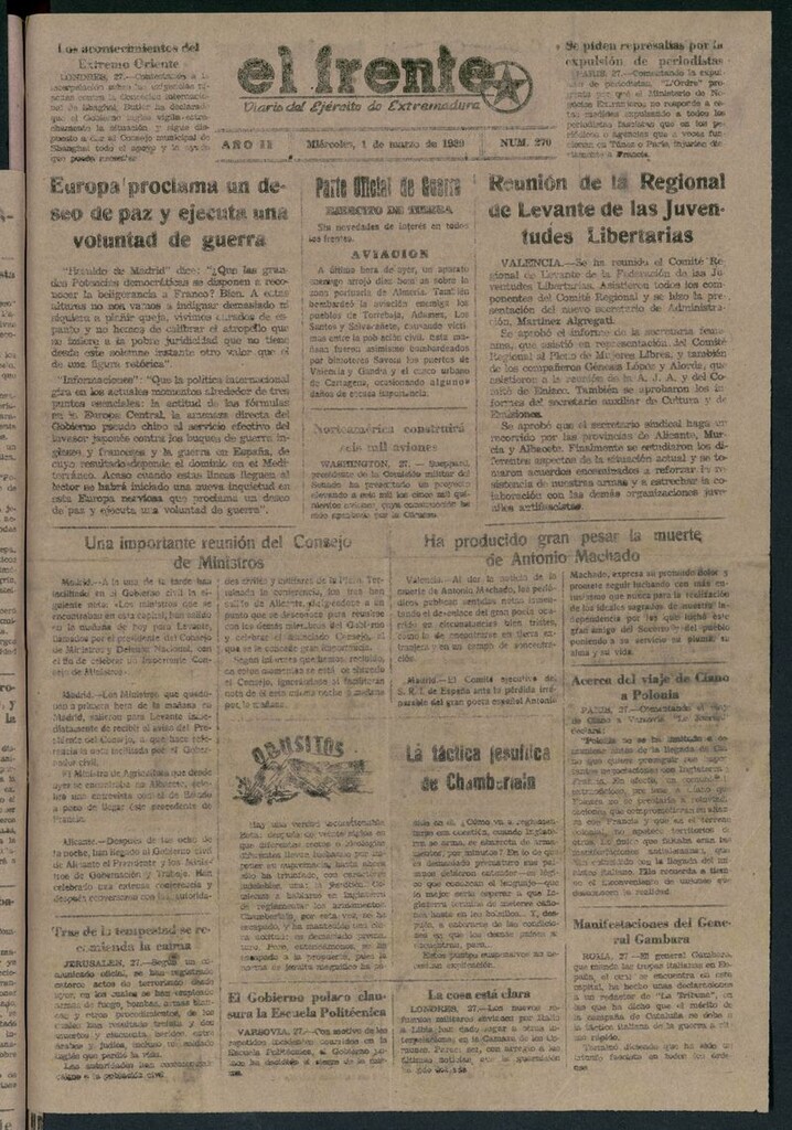 Miniatura de El Frente: diario del Ejército de Extremadura del 1 de marzo de 1939