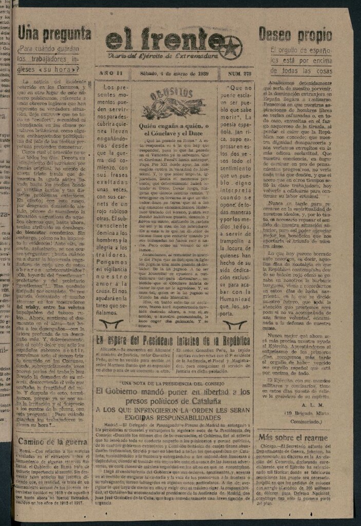 Miniatura de El Frente: diario del Ejército de Extremadura del 4 de marzo de 1939