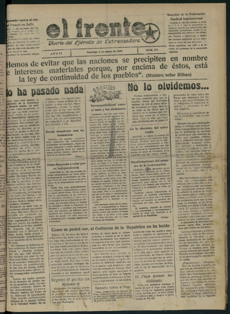 Miniatura de El Frente: diario del Ejército de Extremadura del 5 de marzo de 1939