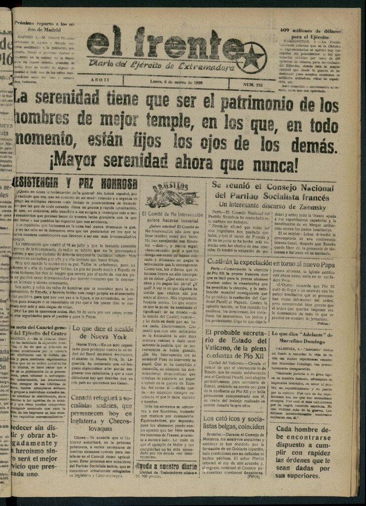 Miniatura de El Frente: diario del Ejército de Extremadura del 6 de marzo de 1939