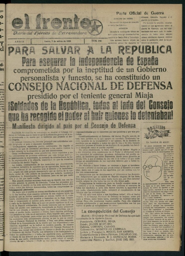 Miniatura de El Frente: diario del Ejército de Extremadura del 7 de marzo de 1939