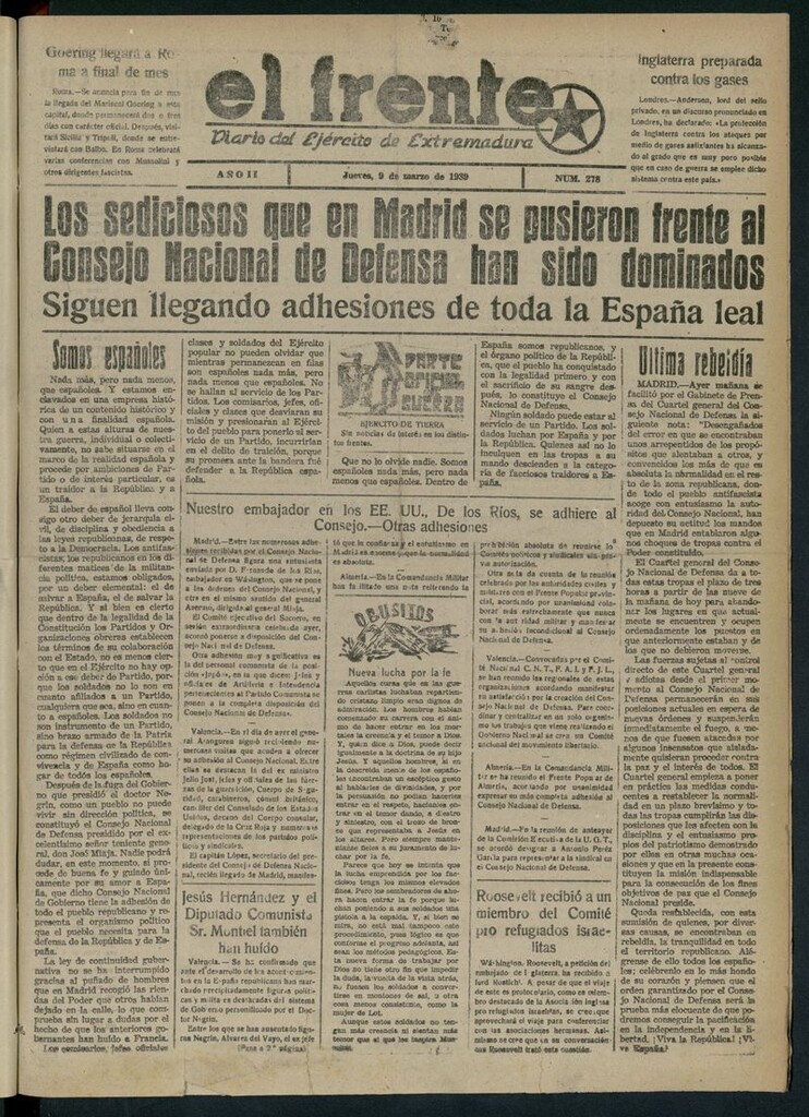 Miniatura de El Frente: diario del Ejército de Extremadura del 9 de marzo de 1939