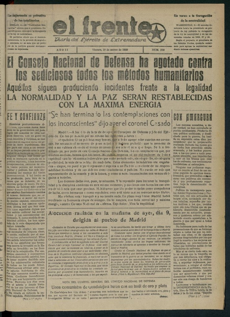 Miniatura de El Frente: diario del Ejército de Extremadura del 10 de marzo de 1939