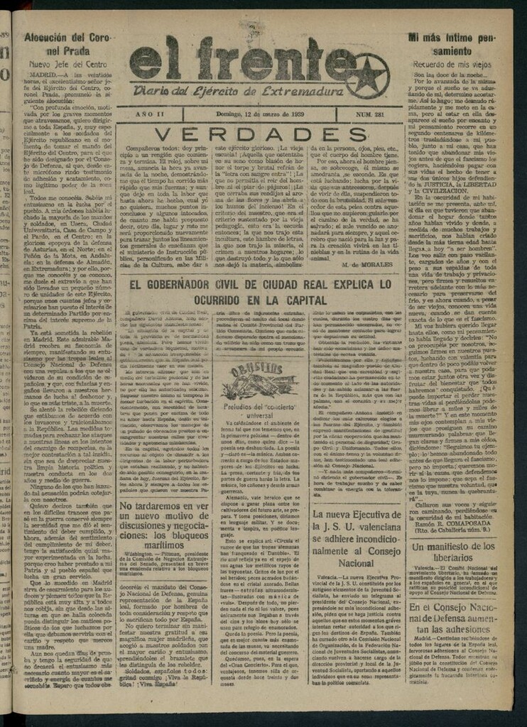 Miniatura de El Frente: diario del Ejército de Extremadura del 12 de marzo de 1939