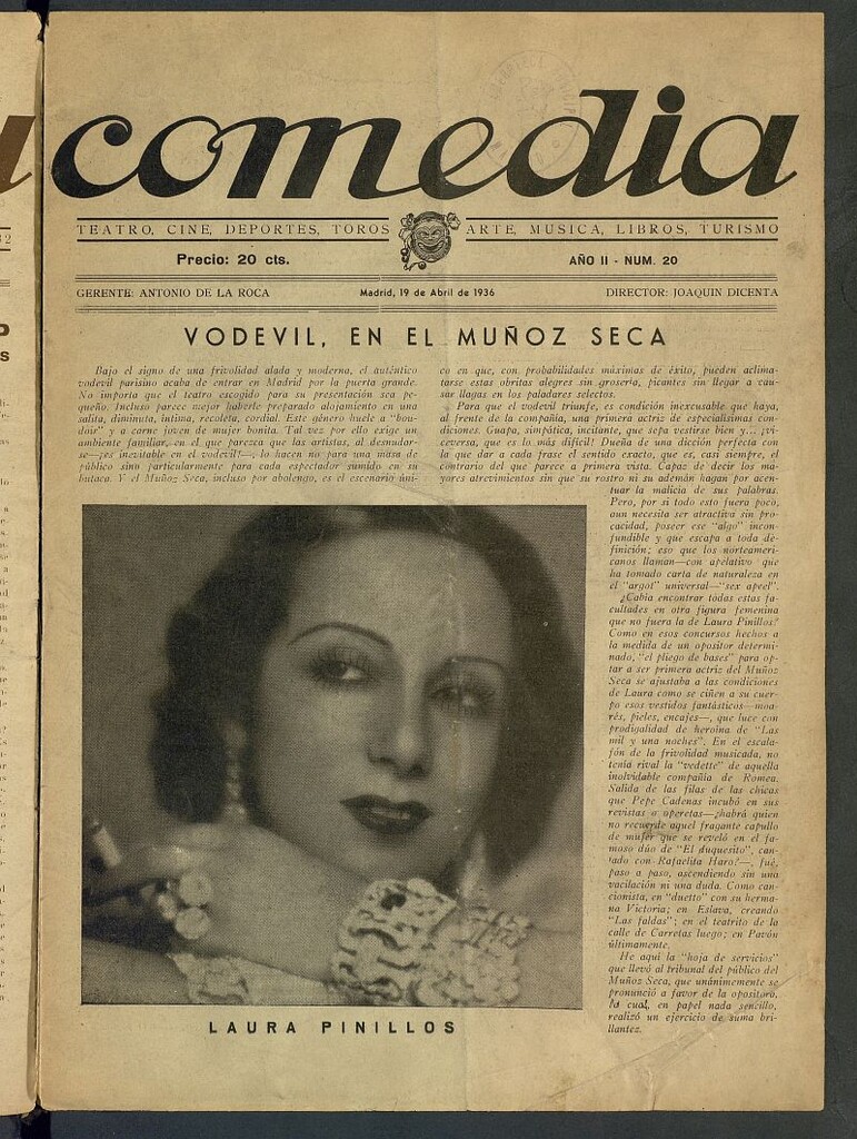 Miniatura de Comedia: teatro, cine, deportes, toros, arte, música, libros, turismo del 19 de abril de 1936, nº 20