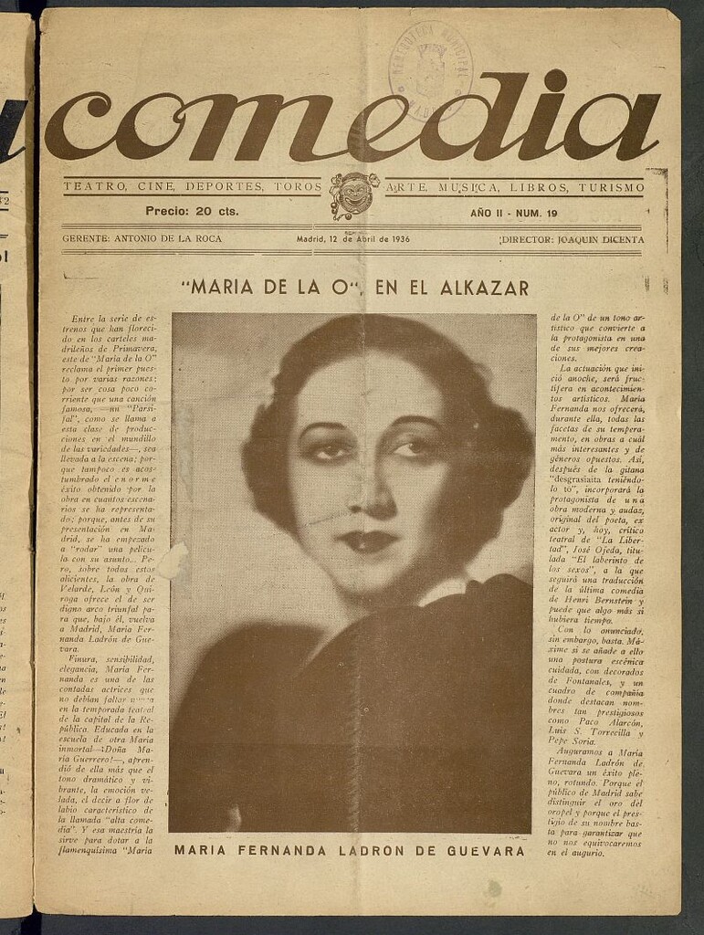 Miniatura de Comedia: teatro, cine, deportes, toros, arte, música, libros, turismo del 12 de abril de 1936, nº 19