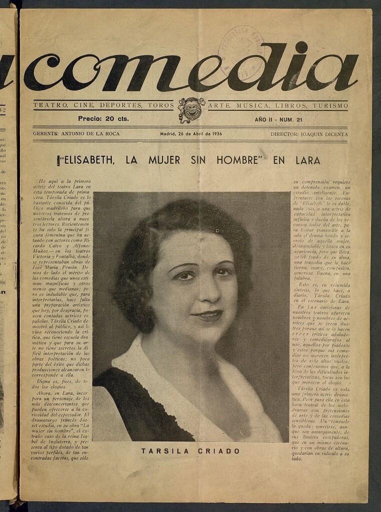 Miniatura de Comedia: teatro, cine, deportes, toros, arte, música, libros, turismo del 26 de abril de 1936, nº 21