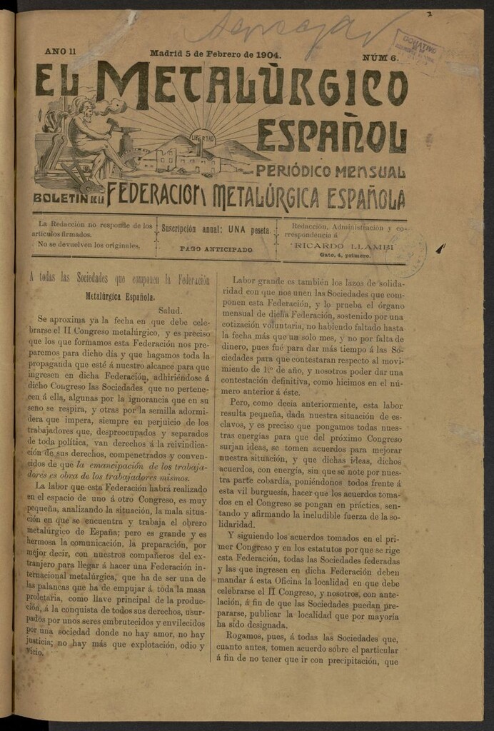Miniatura de El Metalúrgico Español del 5 de febrero de 1904. Número 6