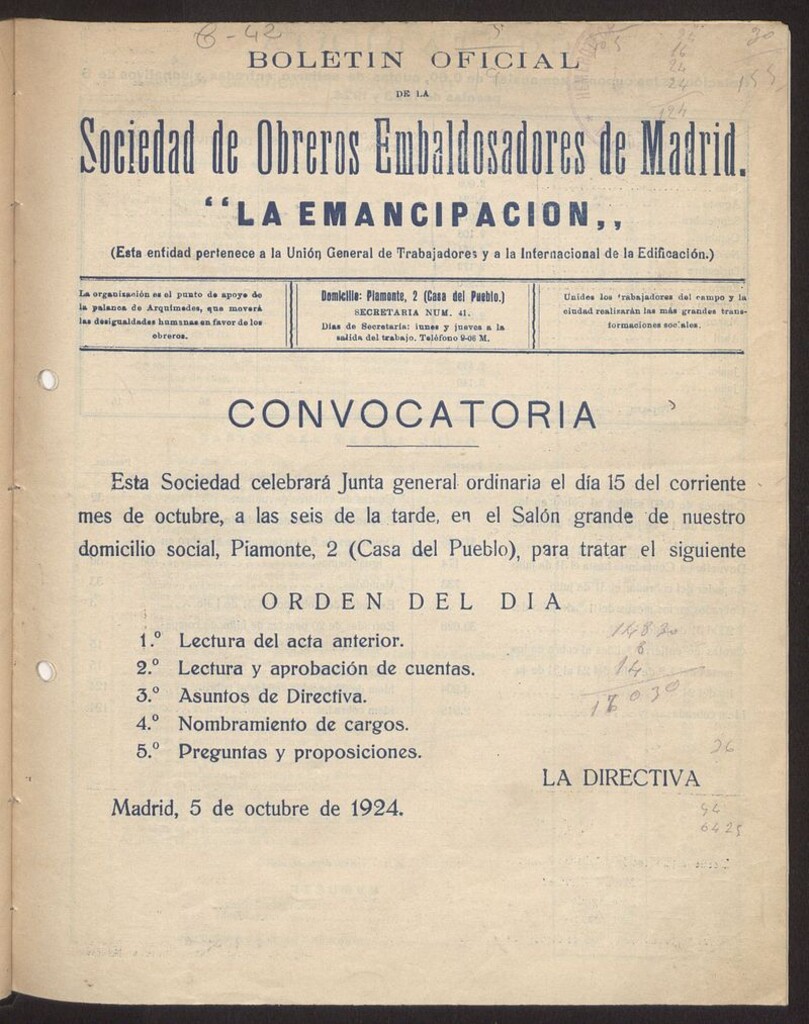 Miniatura de Boletín Oficial de la Sociedad de Obreros Embaldosadores de Madrid de febrero de 1924. Número 9