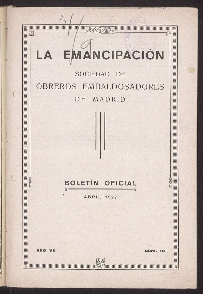Miniatura de Boletín Oficial de la Sociedad de Obreros Embaldosadores de Madrid de abril de 1927. Número 12
