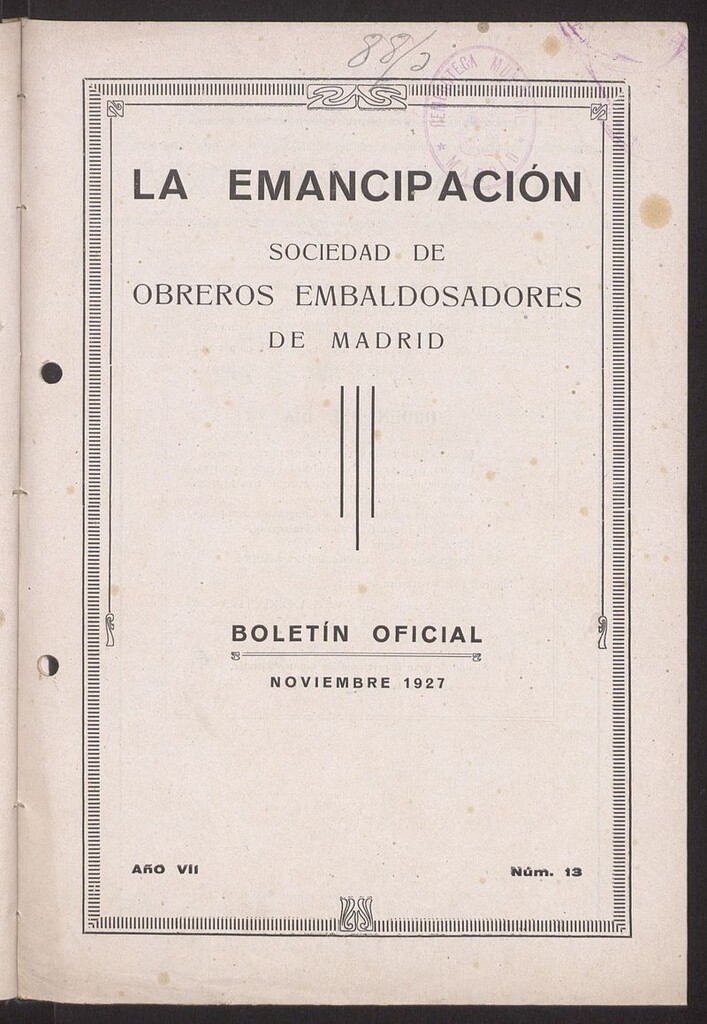 Miniatura de Boletín Oficial de la Sociedad de Obreros Embaldosadores de Madrid de noviembre de 1927. Número 13
