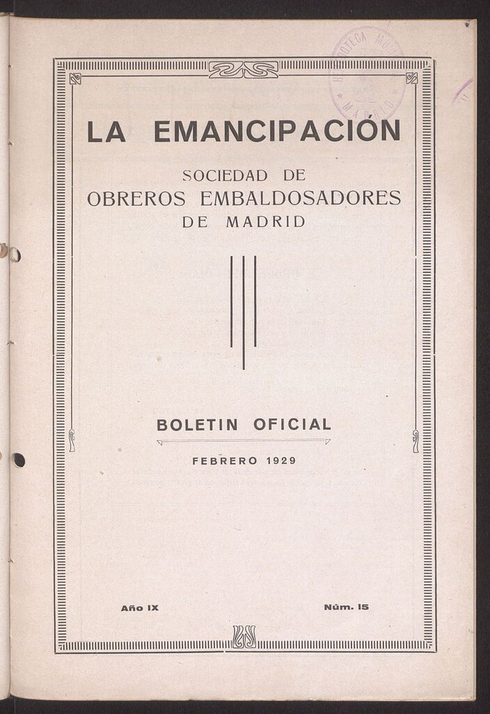 Miniatura de Boletín Oficial de la Sociedad de Obreros Embaldosadores de Madrid de febrero de 1929. Número 15