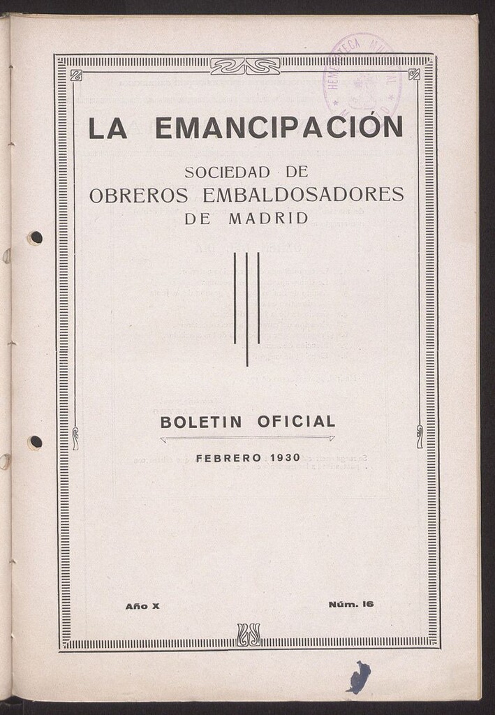 Miniatura de Boletín Oficial de la Sociedad de Obreros Embaldosadores de Madrid de febrero de 1930. Número 16