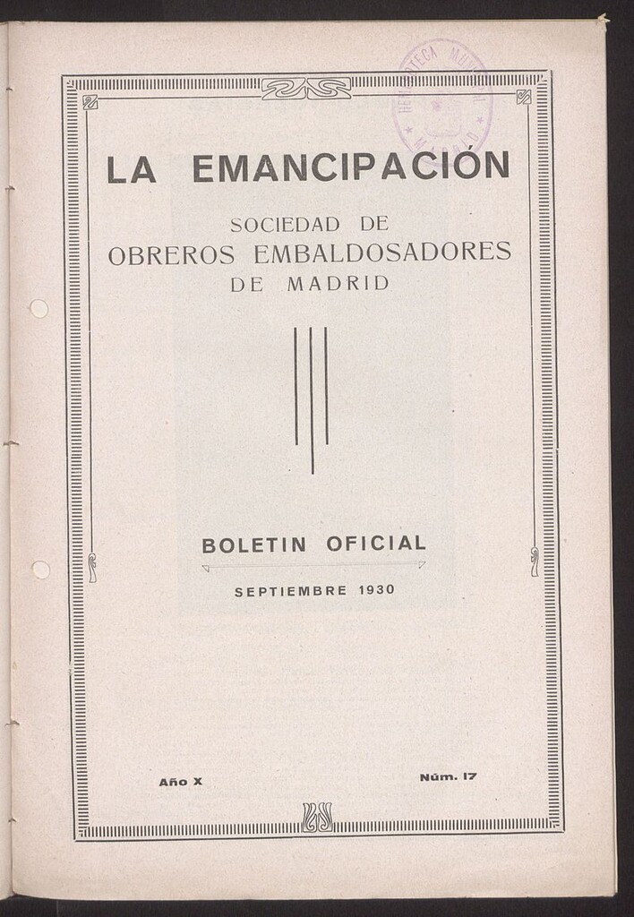 Miniatura de Boletín Oficial de la Sociedad de Obreros Embaldosadores de Madrid de septiembre de 1930. Número 17