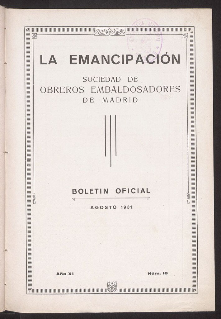 Miniatura de Boletín Oficial de la Sociedad de Obreros Embaldosadores de Madrid de agosto de 1931. Número 18