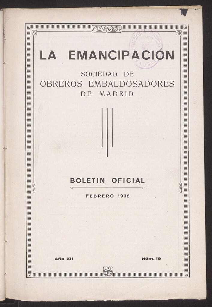 Miniatura de Boletín Oficial de la Sociedad de Obreros Embaldosadores de Madrid de febrero de 1932. Número 19