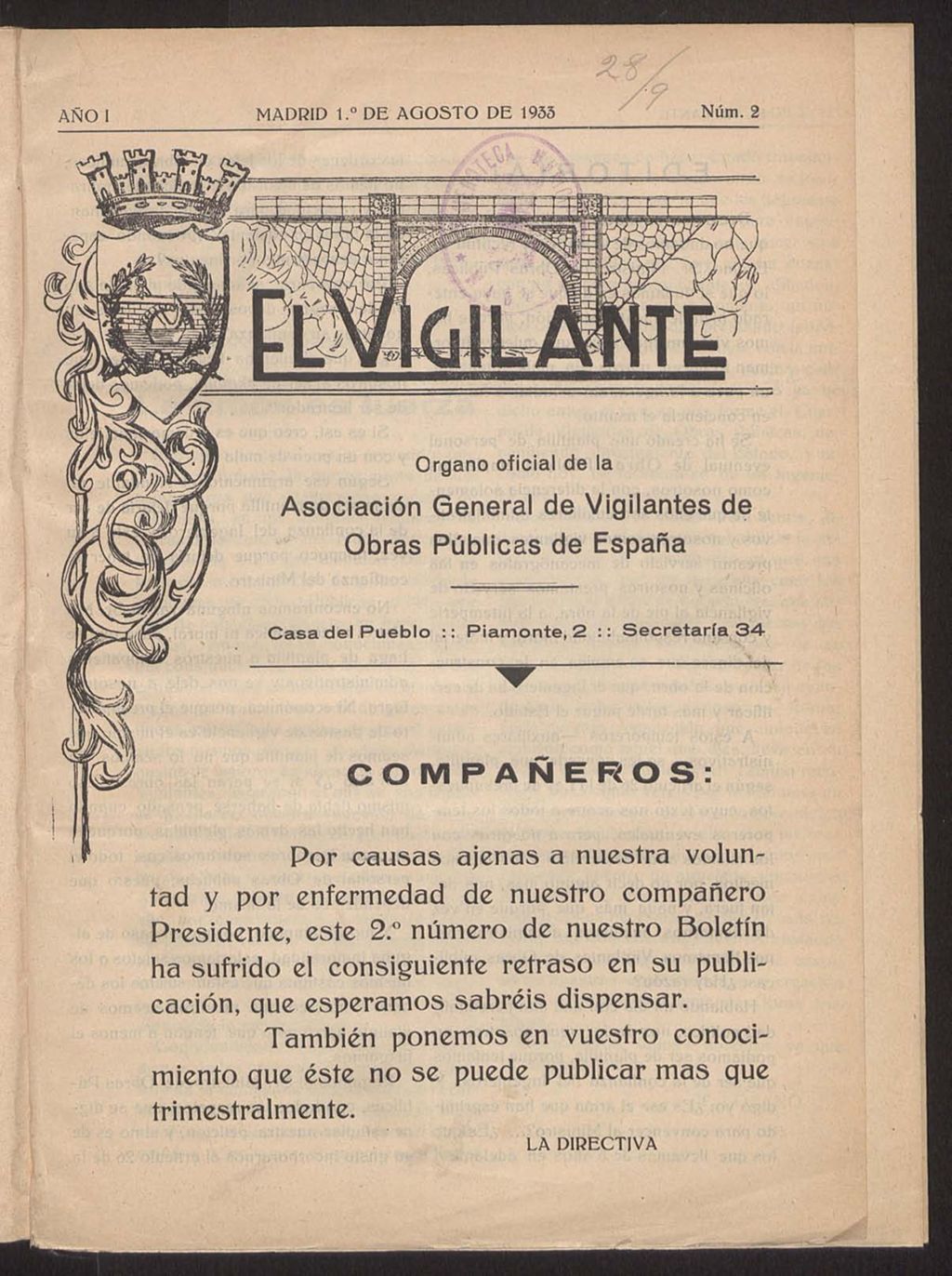 Miniatura de El Vigilante de agosto de 1933. Número 2