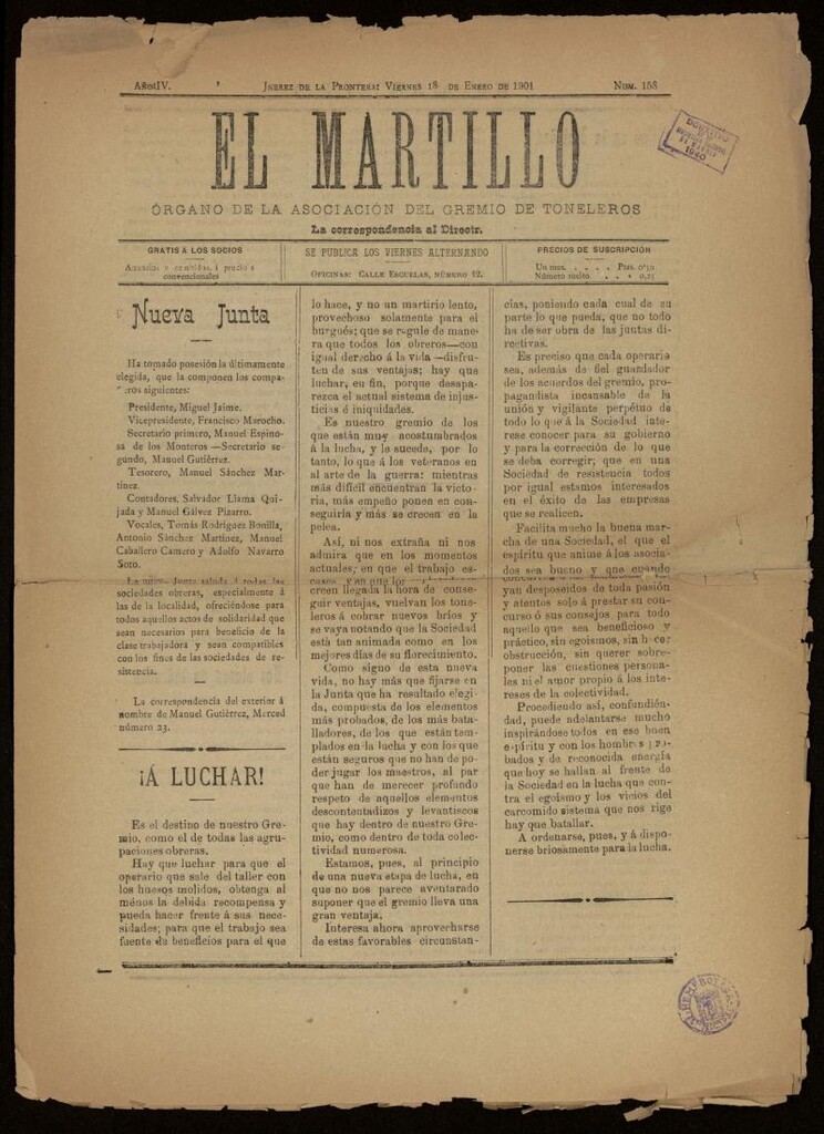 Miniatura de El Martillo: órgano de la Asociación del Gremio de Toneleros del 18 de enero de 1901,nº 158