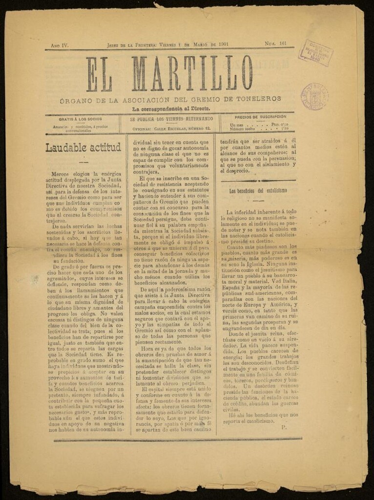 Miniatura de El Martillo: órgano de la Asociación del Gremio de Toneleros del 1 de marzo de 1901, nº 161