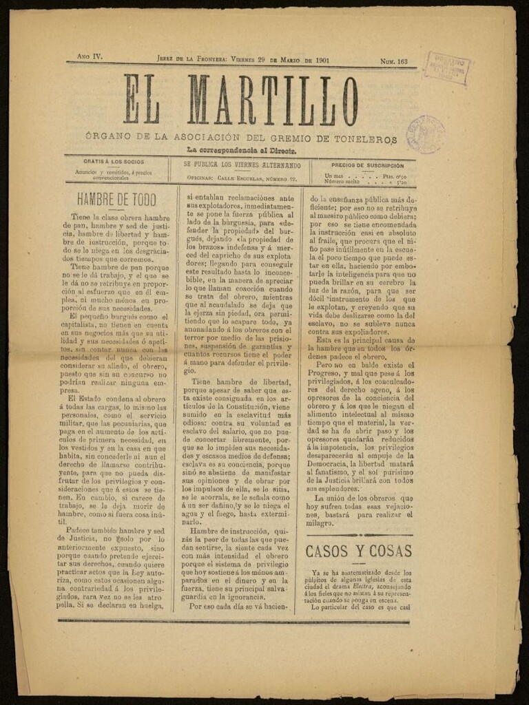 Miniatura de El Martillo: órgano de la Asociación del Gremio de Toneleros del 29 de marzo de 1901, nº 163