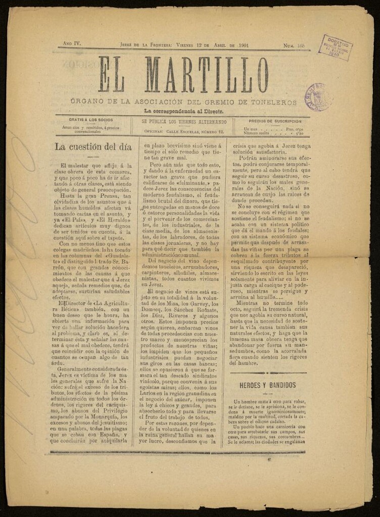 Miniatura de El Martillo: órgano de la Asociación del Gremio de Toneleros del 12 de abril de 1901, nº 165