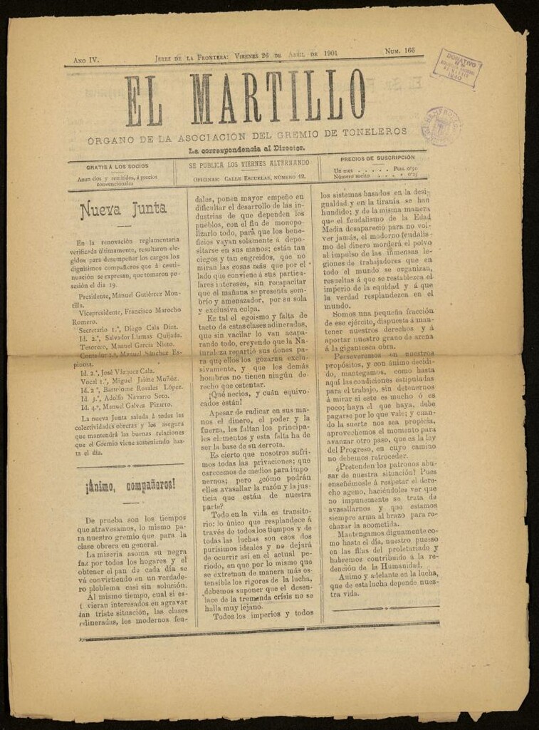 Miniatura de El Martillo: órgano de la Asociación del Gremio de Toneleros del 26 de abril de 1901, nº 166