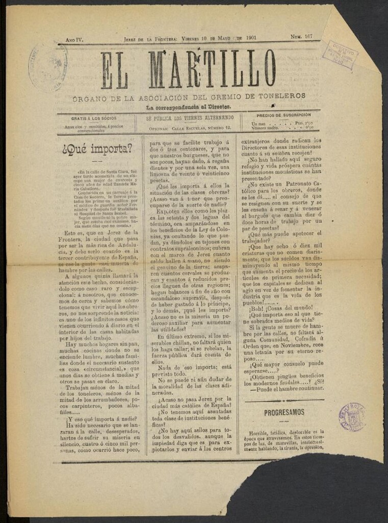 Miniatura de El Martillo: órgano de la Asociación del Gremio de Toneleros del 10 de mayo de 1901, nº 167