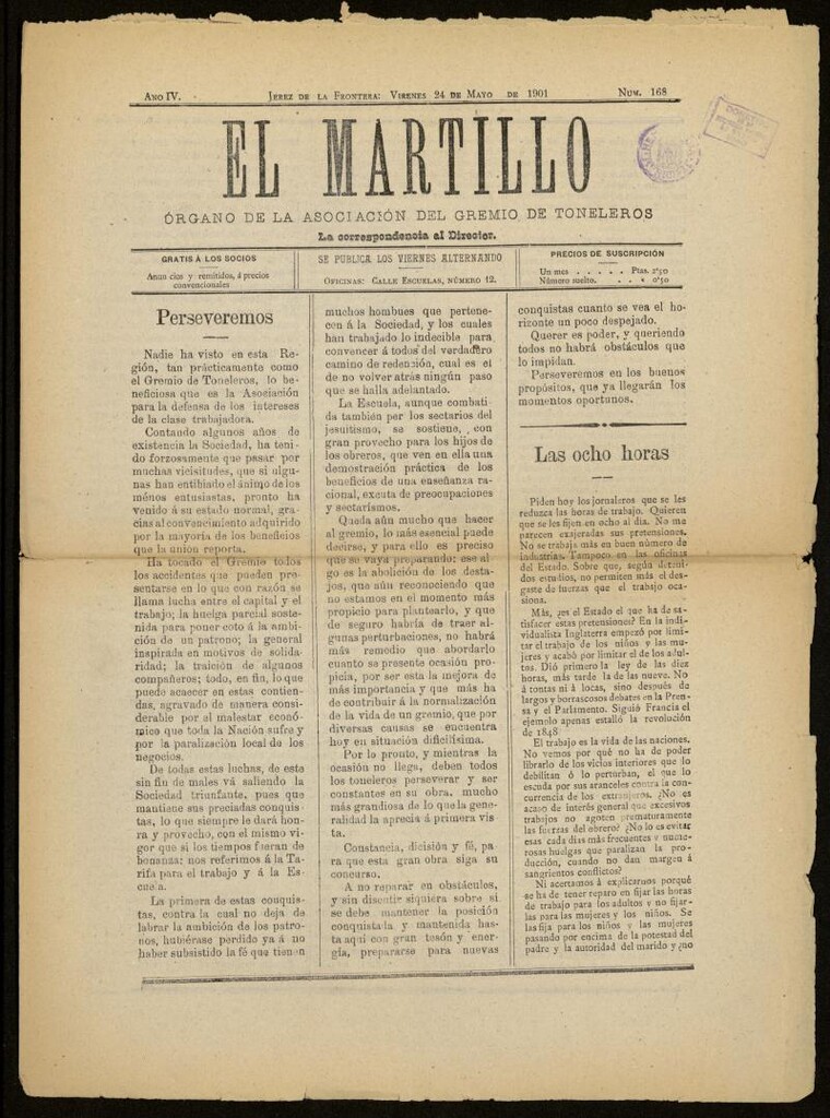 Miniatura de El Martillo: órgano de la Asociación del Gremio de Toneleros del 24 de mayo de 1901,nº 168