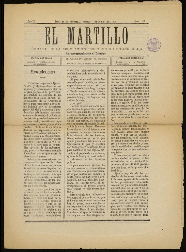 Miniatura de El Martillo: órgano de la Asociación del Gremio de Toneleros del 7 de junio de 1901, nº 169
