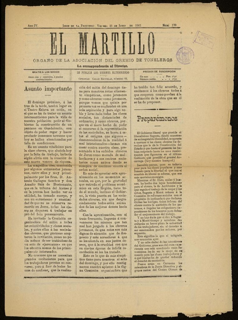 Miniatura de El Martillo: órgano de la Asociación del Gremio de Toneleros del 21 de junio de 1901, nº 170