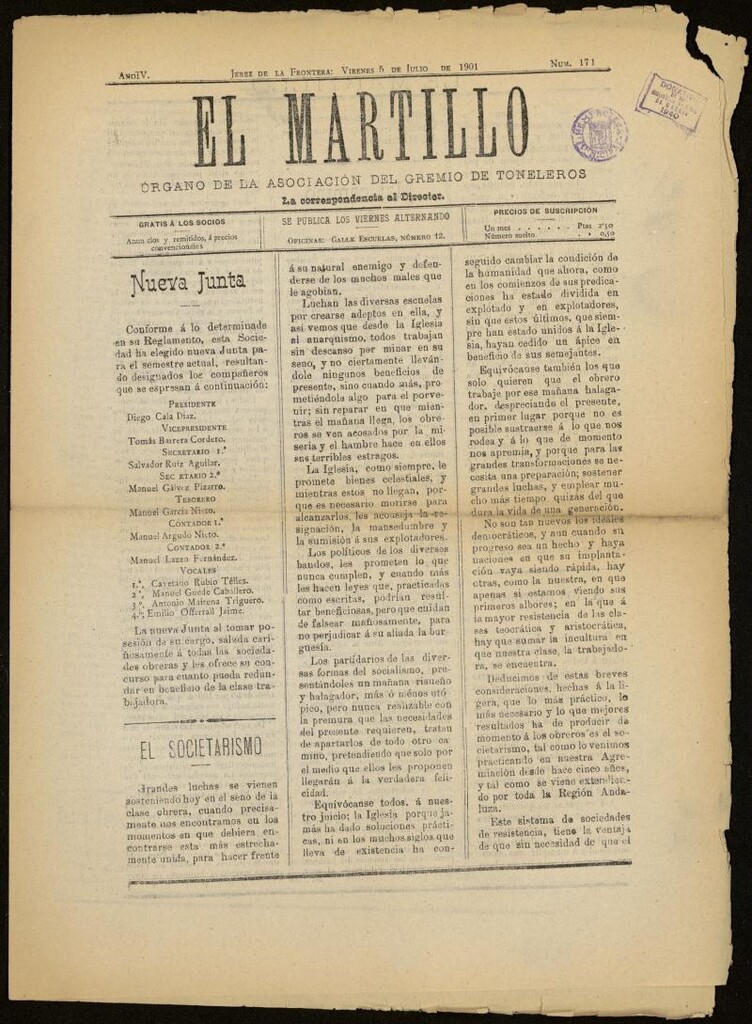 Miniatura de El Martillo: órgano de la Asociación del Gremio de Toneleros del 5 de julio de 1901, nº 171