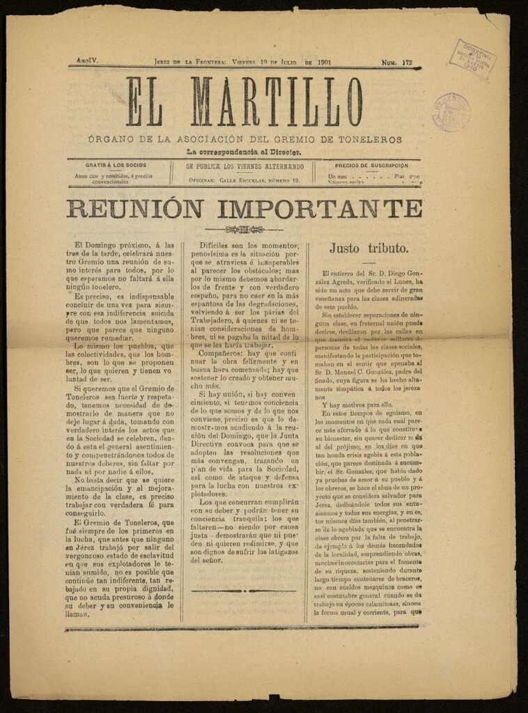 Miniatura de El Martillo: órgano de la Asociación del Gremio de Toneleros del 19 de julio de 1901, nº 172