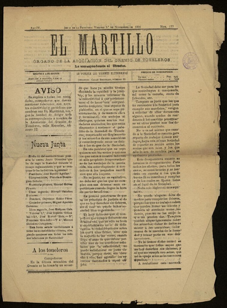 Miniatura de El Martillo: órgano de la Asociación del Gremio de Toneleros del 1 de noviembre de 1901, nº 177
