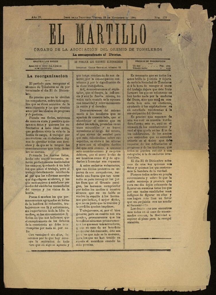 Miniatura de El Martillo: órgano de la Asociación del Gremio de Toneleros del 29 de noviembre de 1901, nº 178