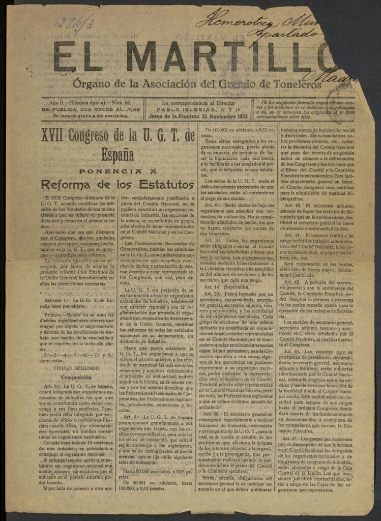 Miniatura de El Martillo: órgano de la Asociación del Gremio de Toneleros del 25 de noviembre de 1932, nº 66