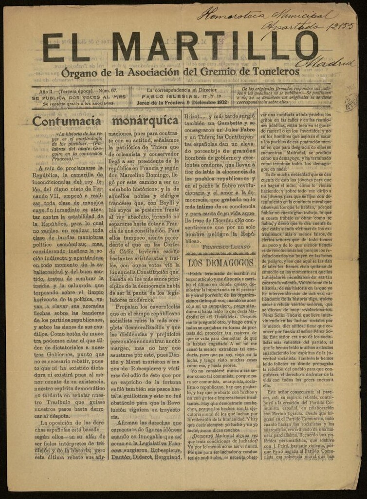 Miniatura de El Martillo: órgano de la Asociación del Gremio de Toneleros del 9 de diciembre de 1932, nº 67