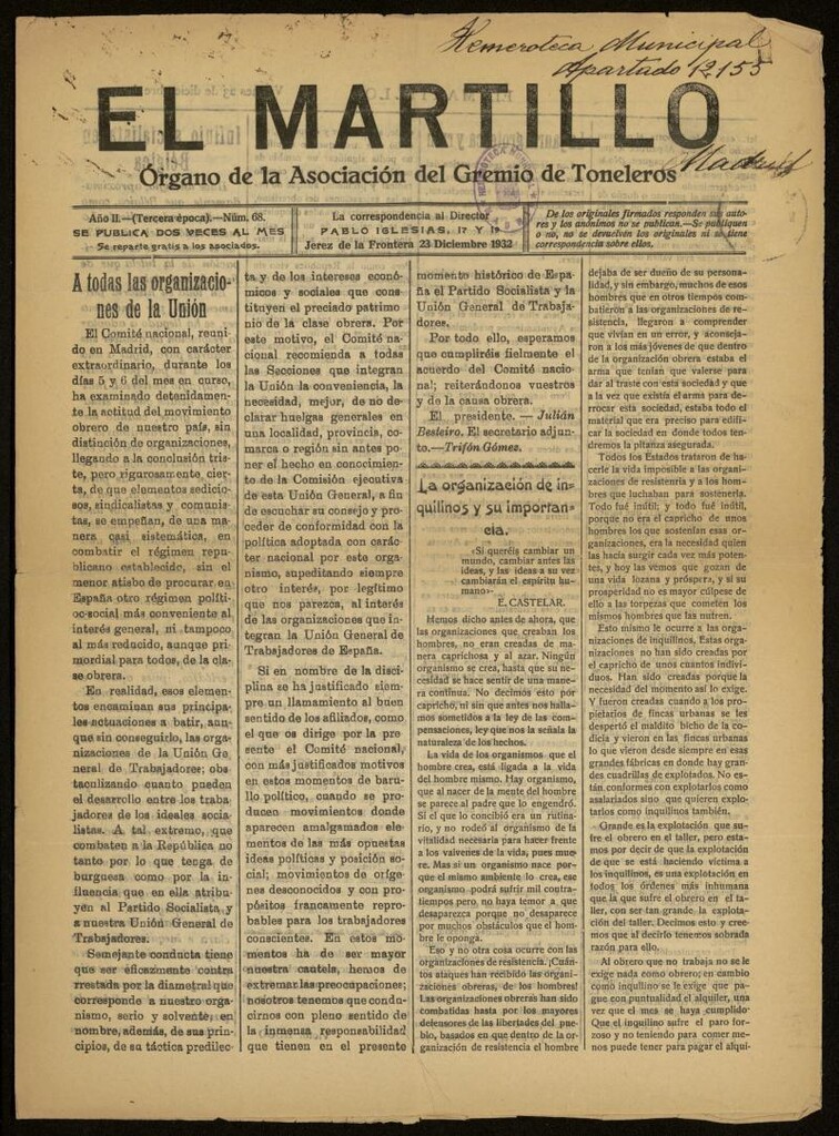 Miniatura de El Martillo: órgano de la Asociación del Gremio de Toneleros del 23 de diciembre de 1932, nº 68