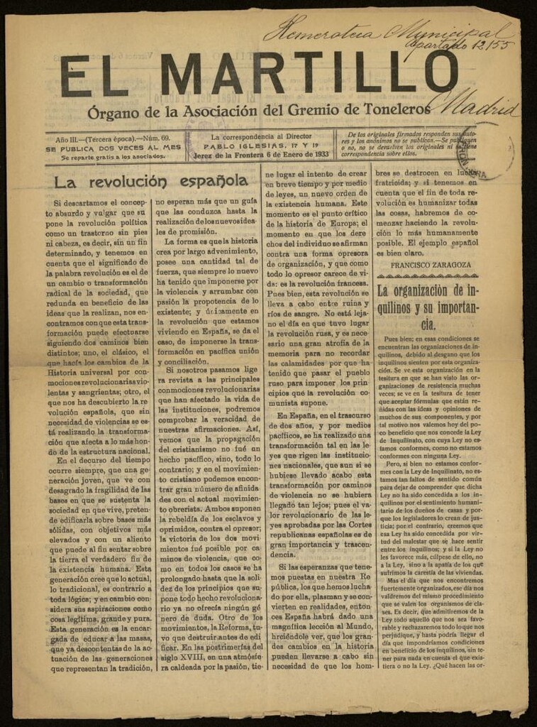 Miniatura de El Martillo: órgano de la Asociación del Gremio de Toneleros del 6 de enero de 1933, nº 69