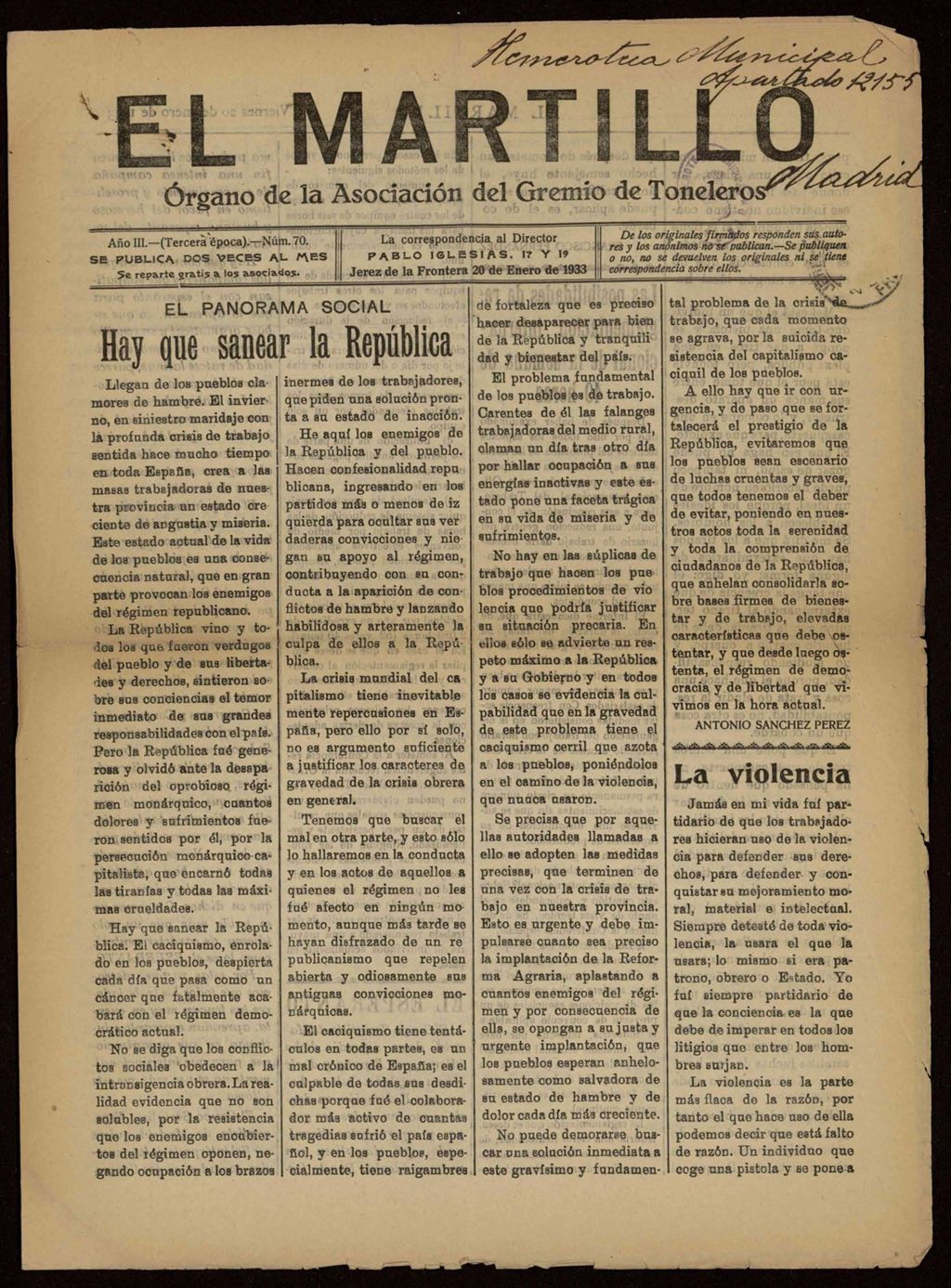 Miniatura de El Martillo: órgano de la Asociación del Gremio de Toneleros del 20 de enero de 1933, nº 70