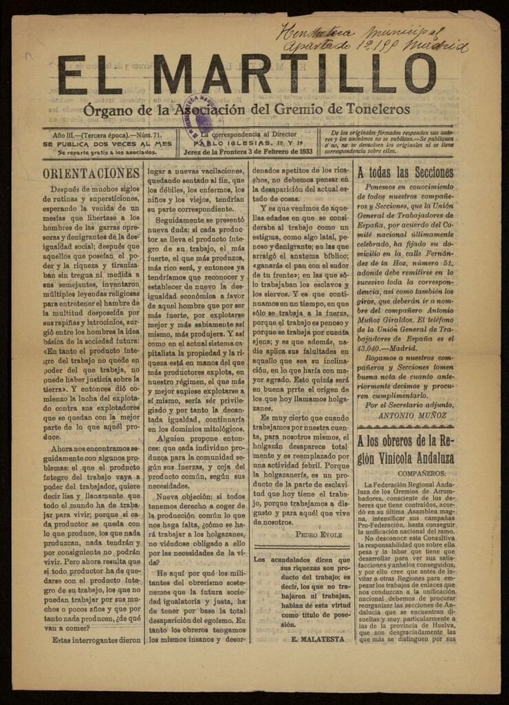 Miniatura de El Martillo: órgano de la Asociación del Gremio de Toneleros del 3 de febrero de 1933, nº 71