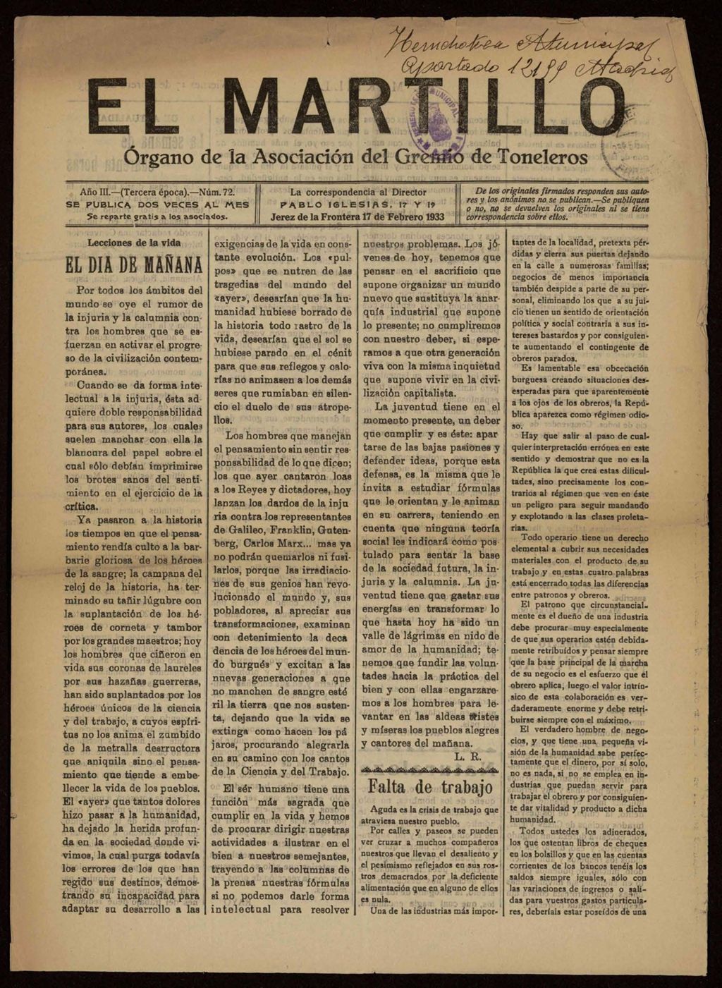Miniatura de El Martillo: órgano de la Asociación del Gremio de Toneleros del 17 de febrero de 1933, nº 72