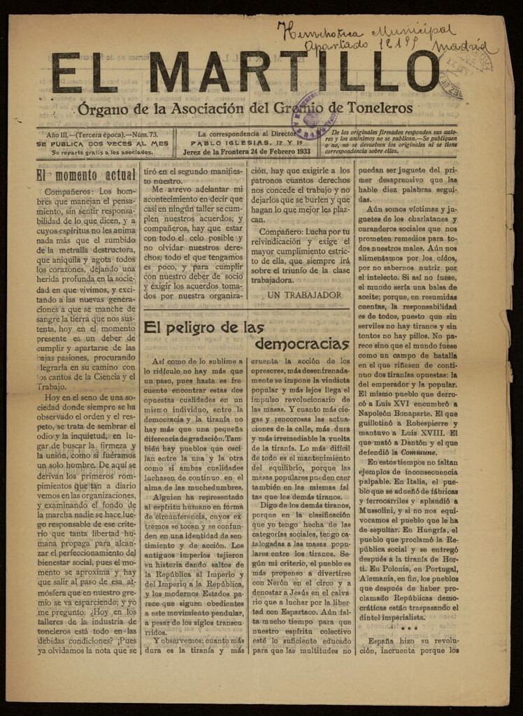 Miniatura de El Martillo: órgano de la Asociación del Gremio de Toneleros del 24 de febrero de 1933, nº 73