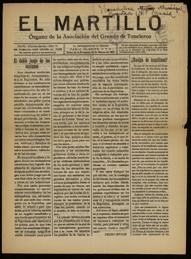 Miniatura de El Martillo: órgano de la Asociación del Gremio de Toneleros del 24 de marzo de 1933, nº 75