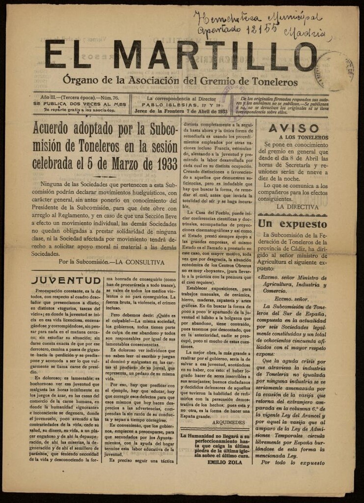 Miniatura de El Martillo: órgano de la Asociación del Gremio de Toneleros del 7 de abril de 1933, nº 76