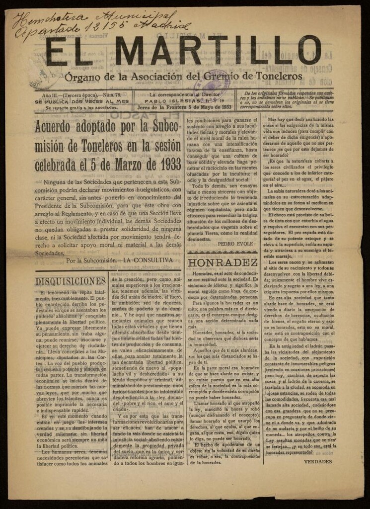 Miniatura de El Martillo: órgano de la Asociación del Gremio de Toneleros del 5 de mayo de 1933, nº 78