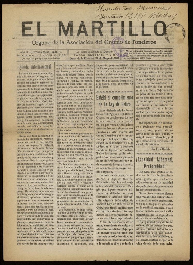 Miniatura de El Martillo: órgano de la Asociación del Gremio de Toneleros del 24 de mayo de 1933, nº 79