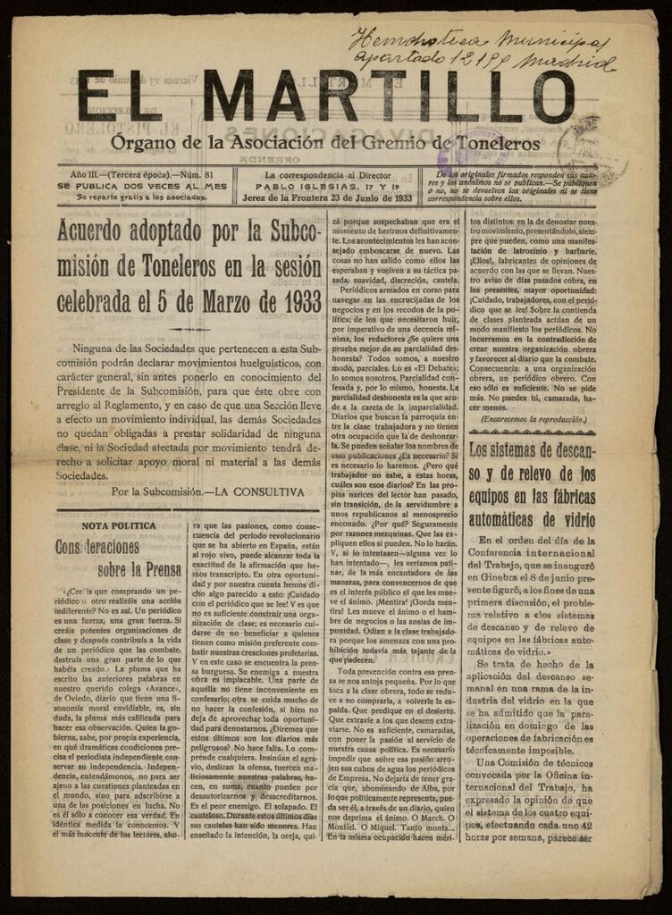 Miniatura de El Martillo: órgano de la Asociación del Gremio de Toneleros del 23 de junio de 1933, nº 81