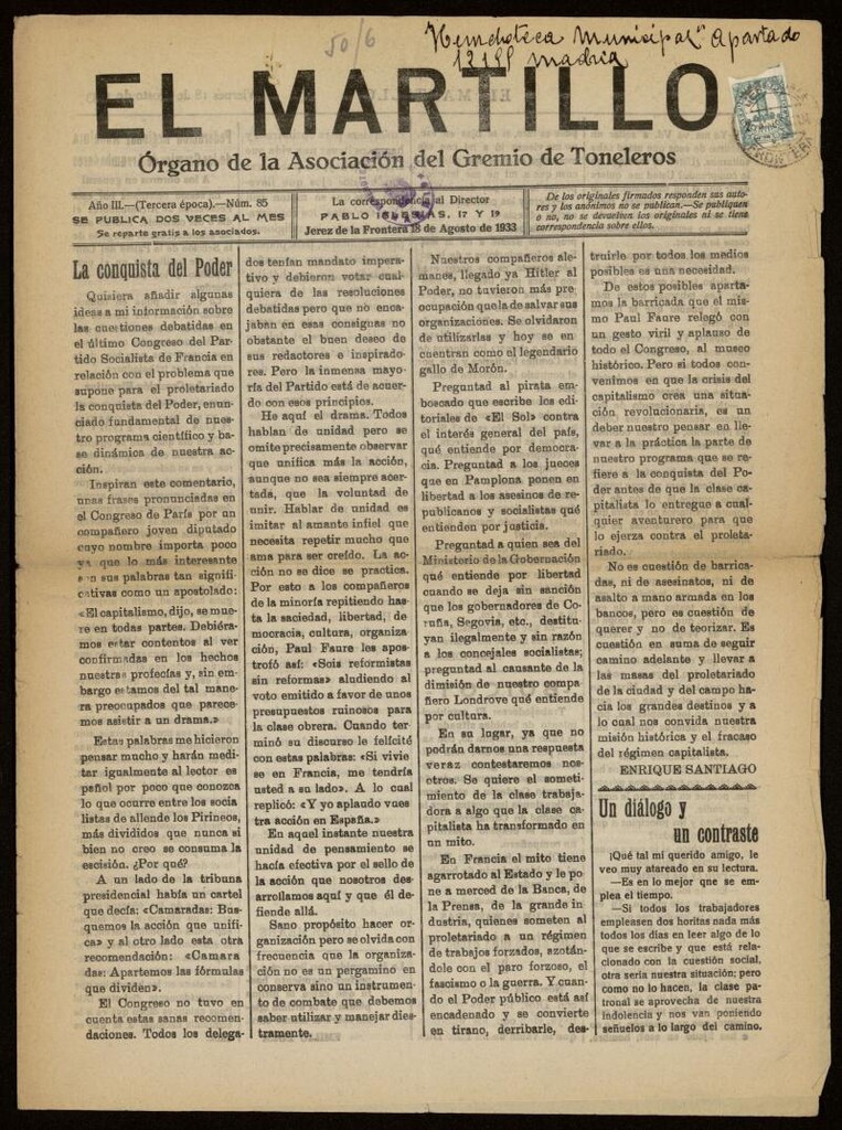 Miniatura de El Martillo: órgano de la Asociación del Gremio de Toneleros del 18 de agosto de 1933, nº 85